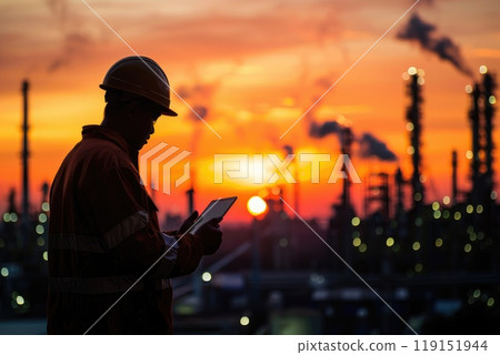 A man in a hard hat is looking at a tablet while standing in front of a sunset 119151944