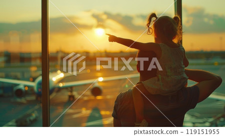 Father and Daughter Watching Airplanes at Airport Window, Family Bonding and Travel Adventure Concept 119151955