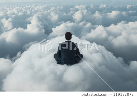 Businessman Sitting Relaxed on Cloud Above Landscape Businessman Sitting Relaxed on Cloud Above Landscape 119152072