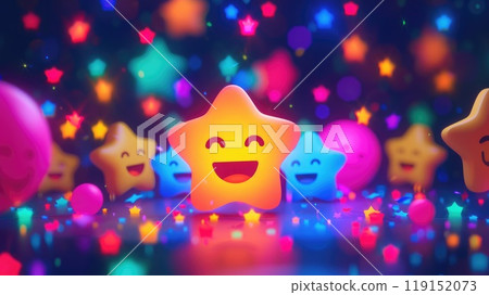 A group of colorful stars with one of them smiling, Satisfaction review emoji, Customer engagement and reviews concept A group of colorful stars with one of them smiling, Satisfaction review emoji, Customer engagement and reviews concept 119152073