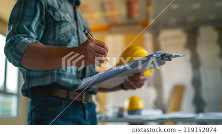 Detailed Quality Assurance Check, Engineer Inspecting Finishing Touches of New House Against Clean Backdrop. Detailed Quality Assurance Check, Engineer Inspecting Finishing Touches of New House Against Clean Backdrop. 119152074