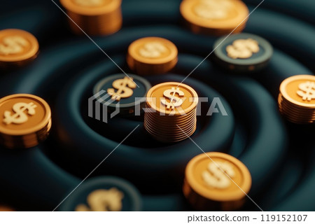 Glowing neon dollar signs and coins spiral in futuristic 3D render with copy space, Dark theme money concept Glowing neon dollar signs and coins spiral in futuristic 3D render with copy space, Dark theme money concept 119152107