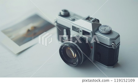 A silver camera sits on a table next to a picture, Memories from photographs A silver camera sits on a table next to a picture, Memories from photographs 119152109