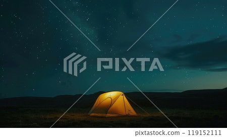 Tent is lit up on the field with a beautiful night sky and stars above 119152111