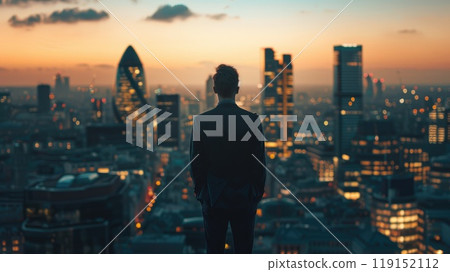 A man stands in the middle of a city at night, looking out over the skyline 119152112