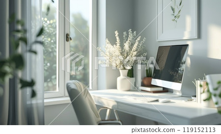 A serene home office with a clean workspace and subtle bokeh lighting for a mindful ambiance 119152113