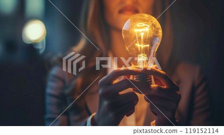 A woman holding a light bulb in her hand 119152114