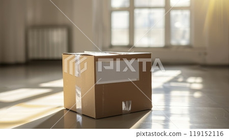 A cardboard box is sitting on a floor in a room 119152116