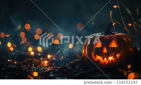 Defocused Halloween lights creating a warm and festive bokeh pattern against a dark background with subtle pumpkin shapes. 119152147