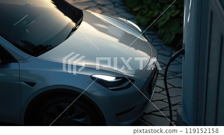 A white car is plugged into a charging station 119152158