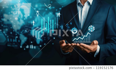 Businessman Holding Upward Arrow Symbolizing Investment Growth with Percentage Signs and Graph Background Businessman Holding Upward Arrow Symbolizing Investment Growth with Percentage Signs and Graph Background 119152176