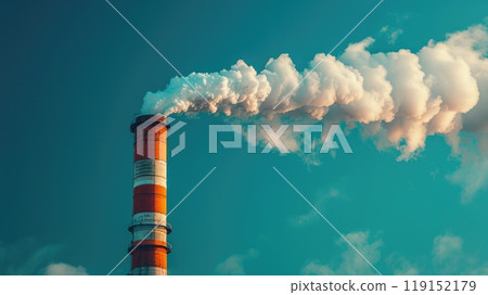 A factory with smoke streams coming out, Smoke coming out of factory chimneys 119152179
