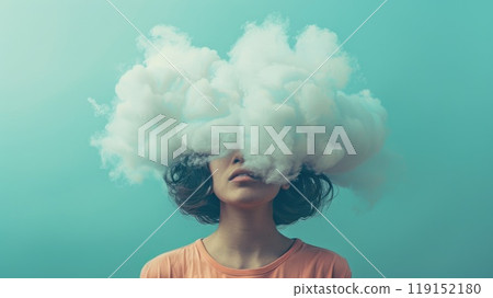 Head in the clouds, Surreal portrait representing dream and imagination 119152180