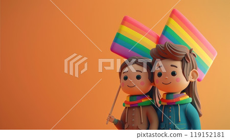 Two cartoon person holding rainbow flags, Support for the LGBTQ community and promote love and acceptance Two cartoon person holding rainbow flags, Support for the LGBTQ community and promote love and acceptance 119152181