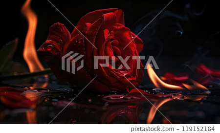 A red rose is floating on a body of water with a reflection of a flame in the ba 119152184