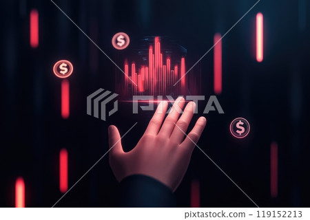 A hand reaching towards a holographic financial graph surrounded by floating neon currency symbols and data streams 119152213