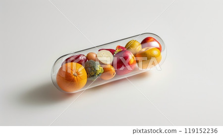 A pill bottle filled with a variety of fruits and vegetables 119152236