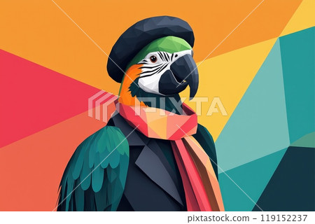 Fashionable Parrot in Beret and Scarf, Colorful Pop Art Illustration for Branding and Copy Space 119152237