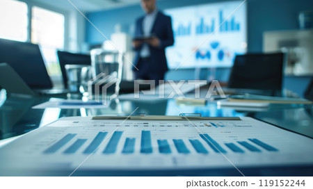 A businessman is standing in front of a large monitor with a tablet in his hand. The room is filled with document and report, The atmosphere seems to be professional 119152244
