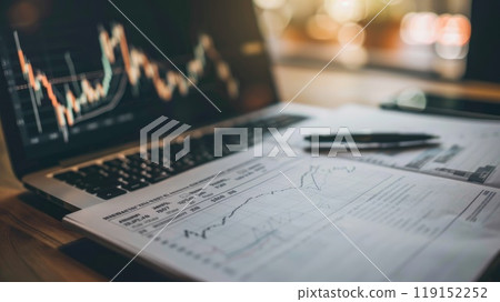 A business person is using a laptop with a graph on screen. The graph is showing a trend, which may indicate an outcome 119152252