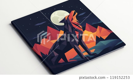 Mysterious Geometric Wolf Howling at Moon in Dark Moody Colors, Dramatic Cover Design 119152253