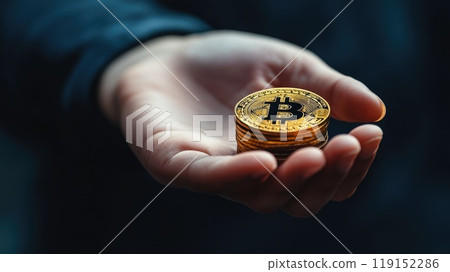 A hand holding a stack of gold coins with a B on top, BTC Holder A hand holding a stack of gold coins with a B on top, BTC Holder 119152286
