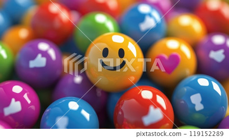 A bunch of colorful balls with a smiling face and a heart in the middle 119152289