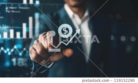 Determined Businessman Analyzing Investment Growth with Arrow and Percentage Icon in Financial Background 119152290