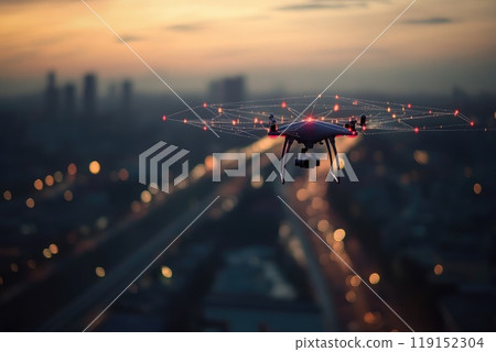 A drone is flying over a city at night, creating a sense of movement and energy. The image conveys a feeling of excitement and wonder 119152304