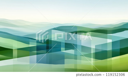 Tranquil Abstract Landscape of Overlapping Translucent Squares in Green and Blue Tones, Evoking Mountain Ranges and Hills. Tranquil Abstract Landscape of Overlapping Translucent Squares in Green and Blue Tones, Evoking Mountain Ranges and Hills. 119152306