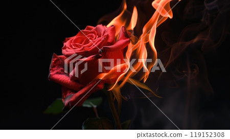 A red rose is surrounded by flames, creating a dramatic and intense scene 119152308