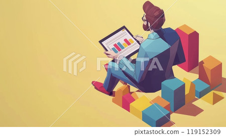 Digital Business Success: Businessman Analyzing Financial Graphs on Tablet - Isometric Illustration with Copy Space for Design. Digital Business Success: Businessman Analyzing Financial Graphs on Tablet - Isometric Illustration with Copy Space for Design. 119152309