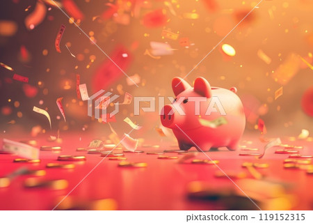 A happy piggy bank with flying coin on red tone background, Concept of saving money and smart investments 119152315
