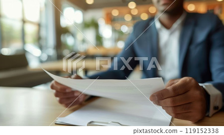 Close-up of Job Seeker's Hands Holding Document in Interview with Blurred Interviewer in Contemporary Office 119152338
