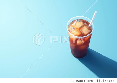 A cup of iced coffee with a straw in it, calm and relaxed mood, as the cup of coffee is sitting on a blue background 119152358