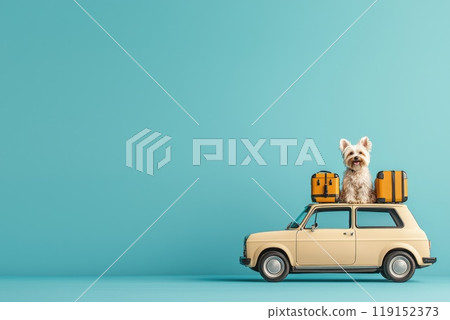 Minimalist Summer Road Trip Concept with Dog in Car Trunk and Luggage, Plenty of Copy Space for Text 119152373