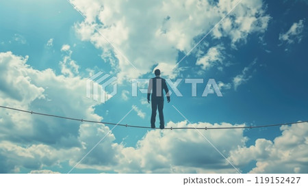 A man stands on a tightrope in the sky A man stands on a tightrope in the sky 119152427