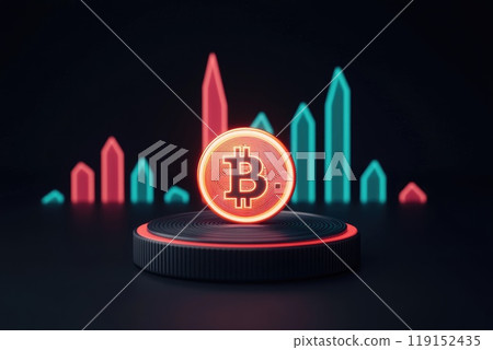 A 3D illustration featuring a digital coin glowing in neon light surrounded by futuristic financial charts, Concept of saving and investment A 3D illustration featuring a digital coin glowing in neon light surrounded by futuristic financial charts, Concept of saving and investment 119152435