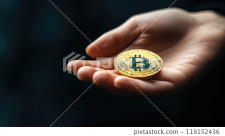 A hand holding a gold coin with the letter B on it, BTC Holder A hand holding a gold coin with the letter B on it, BTC Holder 119152436