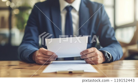 Determined Job Seeker at Desk with Interviewer in Background, Focus on Concentration and Preparation Determined Job Seeker at Desk with Interviewer in Background, Focus on Concentration and Preparation 119152443