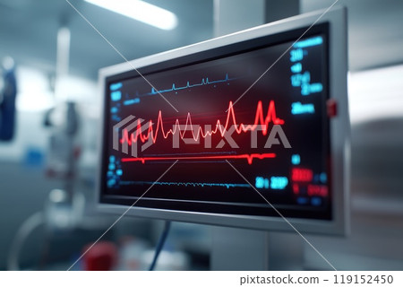 Critical Heart Rate Monitor Displaying Sharp Rise and Fall, Heart Attack Scenario Concept in Hospital Setting Critical Heart Rate Monitor Displaying Sharp Rise and Fall, Heart Attack Scenario Concept in Hospital Setting 119152450