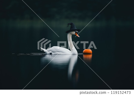 Graceful Swan in Stylish Witch Hat with Pumpkin 119152473