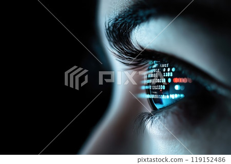 A woman's eye is shown in a computer screen 119152486