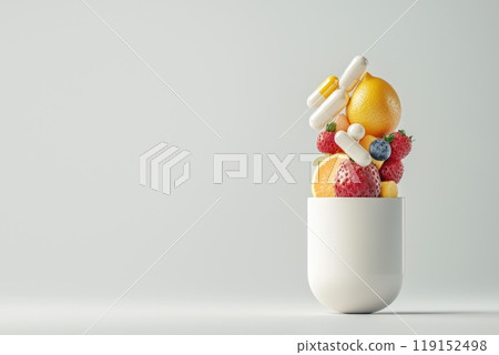 Fresh Fruits and Vegetables Spilling from Open Capsule on Soft Background with Copy Space for Health Concepts, Bursting with Natural Goodness Fresh Fruits and Vegetables Spilling from Open Capsule on Soft Background with Copy Space for Health Concepts, Bursting with Natural Goodness 119152498