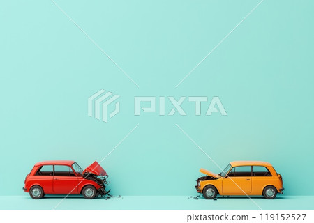 Minimalist Crash Scene with Two Cars and Smashed Fenders on Simple Background, Space for Text 119152527