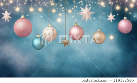 Colorful Christmas ornaments hang against a dreamy blue background, capturing the festive spirit of the holiday season. 119152590