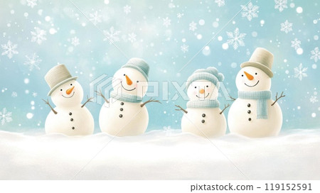 Four cheerful snowmen in warm hats and scarves stand playfully in a snowy landscape against a serene winter backdrop. Four cheerful snowmen in warm hats and scarves stand playfully in a snowy landscape against a serene winter backdrop. 119152591