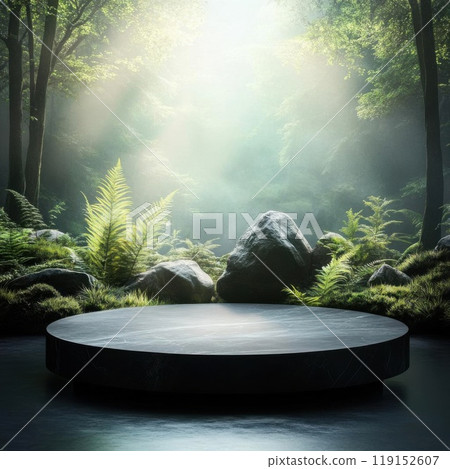 Serene forest scene with mist, rocks, and a circular platform reflecting tranquility and nature's beauty. Serene forest scene with mist, rocks, and a circular platform reflecting tranquility and nature's beauty. 119152607