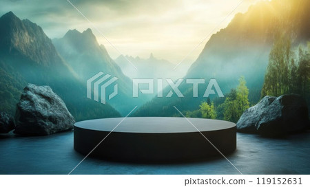 A tranquil mountain scene featuring a circular display platform amidst majestic peaks and serene greenery, perfect for product showcases. A tranquil mountain scene featuring a circular display platform amidst majestic peaks and serene greenery, perfect for product showcases. 119152631