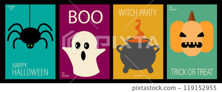 Happy Halloween set. Poster template with pumpkins, ghosts, skeletons and witch cauldron. Halloween gift cards. Trendy holiday flyers for cover, banner, postcard, social media, event. Happy Halloween set. Poster template with pumpkins, ghosts, skeletons and witch cauldron. Halloween gift cards. Trendy holiday flyers for cover, banner, postcard, social media, event. 119152955
